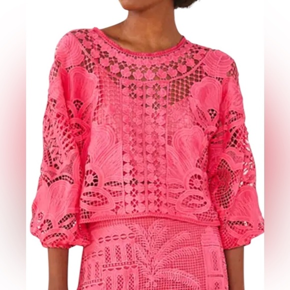 FARM Rio Tops - Farm Rio Boohoo Alucina Puff-Sleeve Guipure Pink Crop Top Size Small